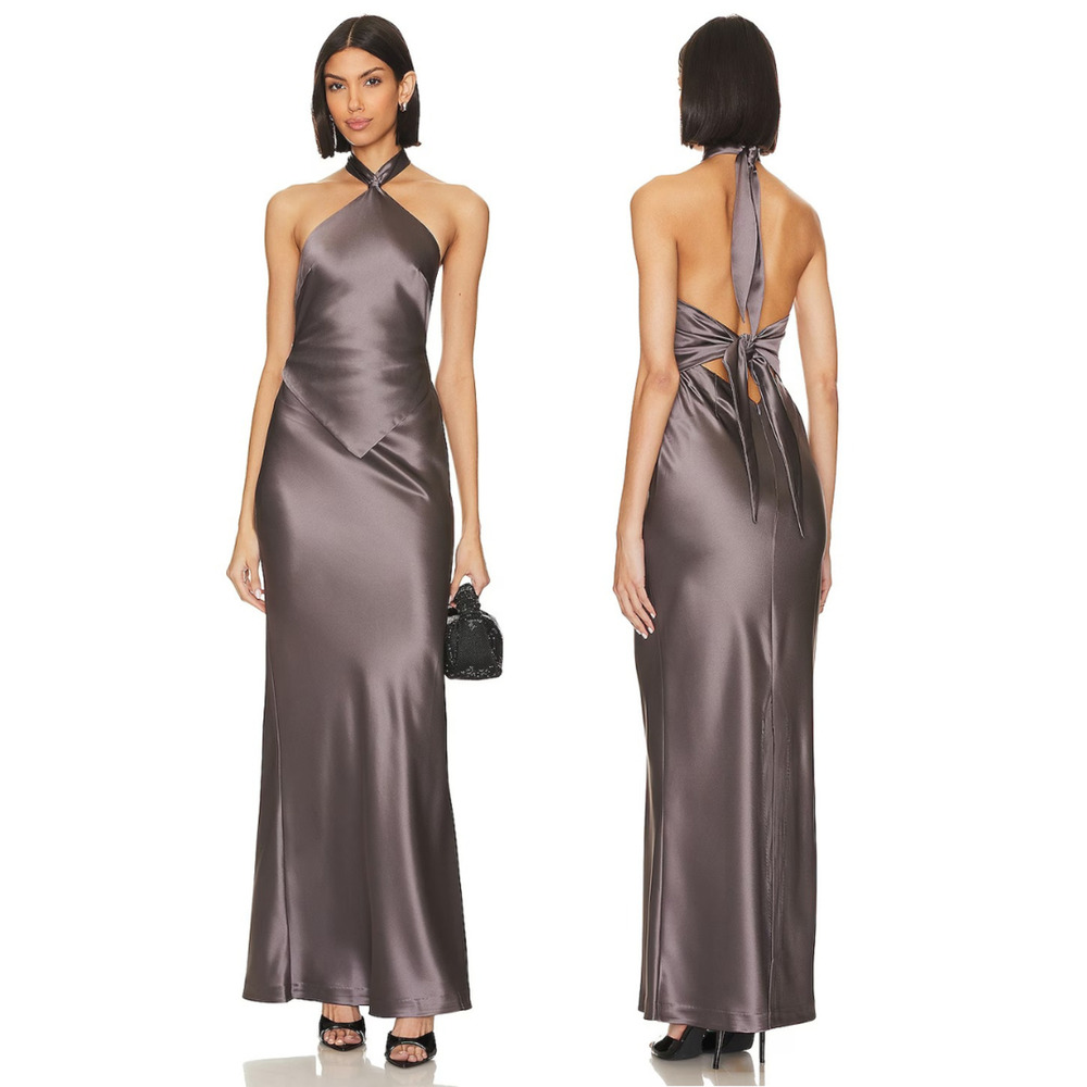 Retrofete Ester Gown Maxi Halter Draped Satin Formal Party Prom Gala Charcoal L